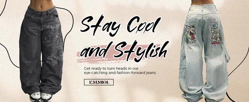 EMMIOL Women Hip Hop Baggy Jeans Wide Leg Mid-Low Waist Jeans Loose Boyfriends Jeans 90s Vintage Denim Pants casual comfy Black Womenswear