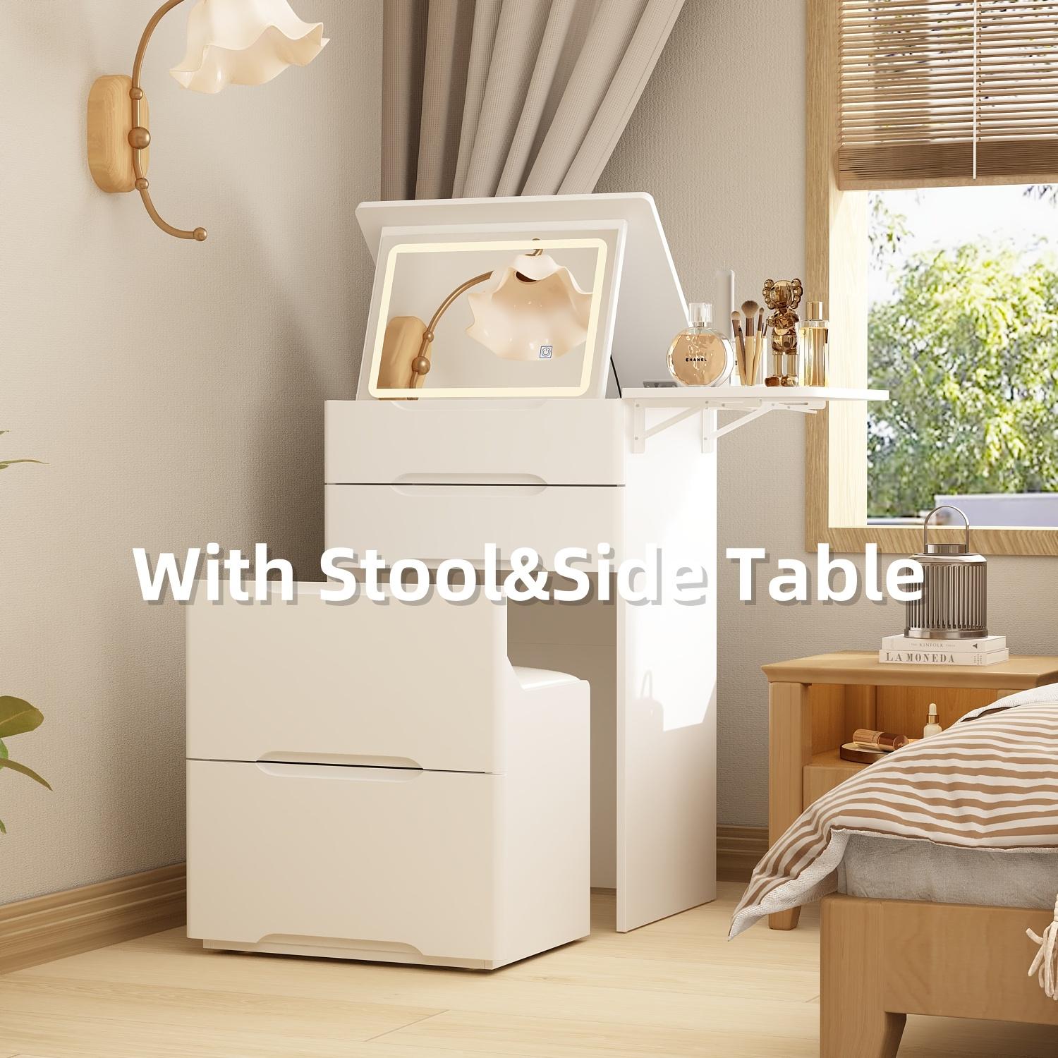 FUFU&GAGA Makeup Vanity Desk with Lighted Flip-Up Mirror, 18.3”W Dressing Table with 3 Drawers, Shelves & Cushioned Stool