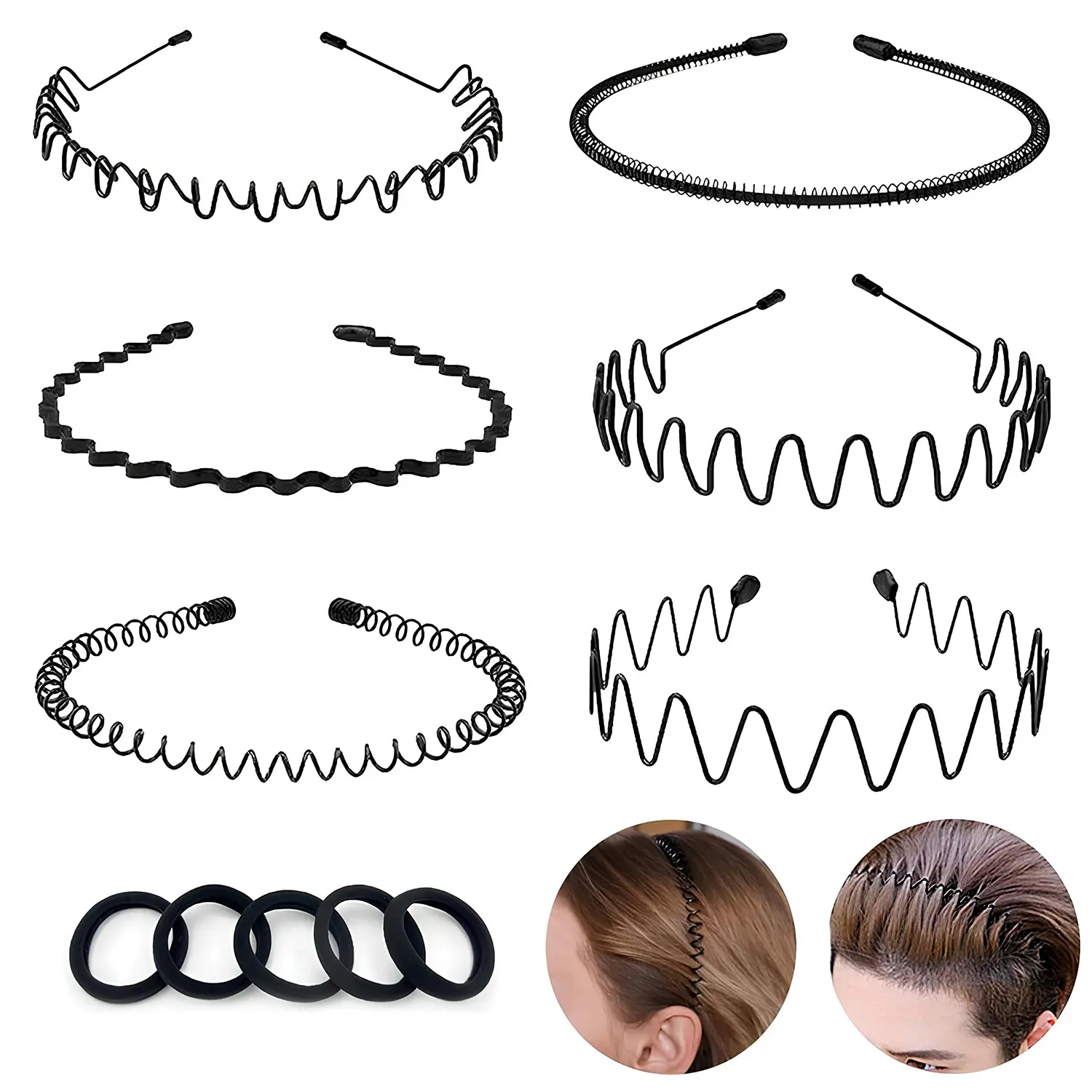 6-Count Metal Headbands and 5 black hair ties for Men and Women, Wavy Adjustable Wire Hair Bands, Unisex Non-Slip Elastic Headband for Workout, Face Washing, Curly Hair & Daily Use, Ideal Gift