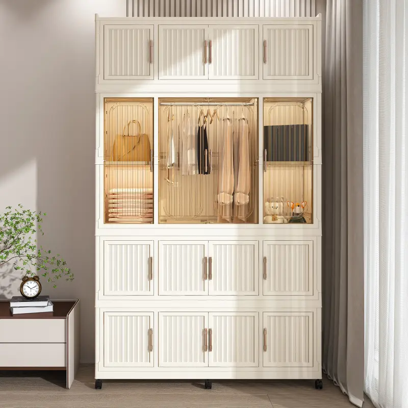 Portable Wardrobe Kids Closet Storage Organizer for Clothes, Children's Wardrobe Closet with 17 Magnetic Doors-17 Cubes & 1 Hanging Rod, 6 pcs Hangers, Baby Clothes Storage Cabinet