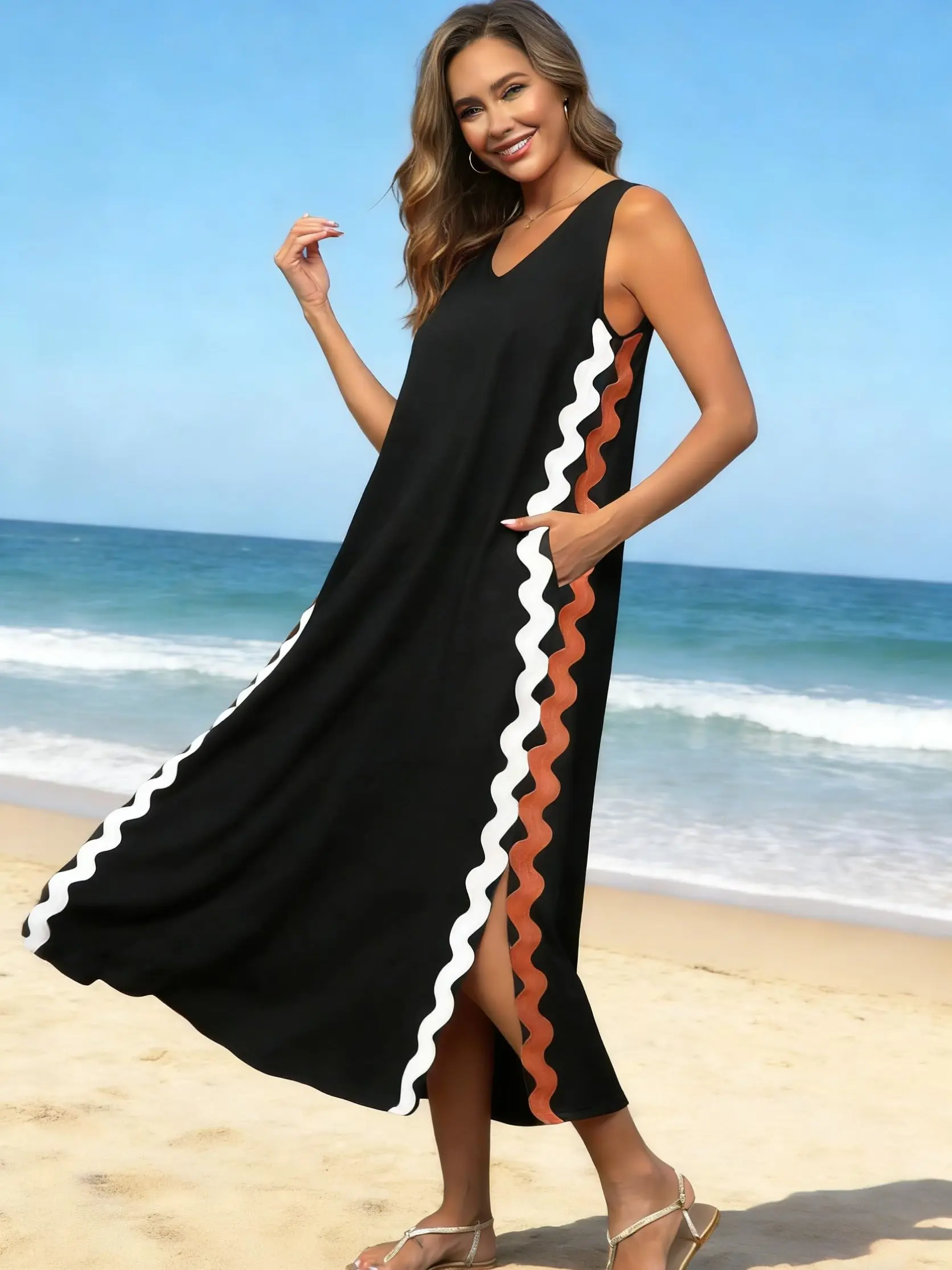 Ebossy Women's Summer Beach Boho Flowy Maxi Dress Casual Sleeveless V Neck Side Slit RIC Rac Tank Dress - TikTok Shop Ebossy Women's Summer Beach Boho Flowy Maxi Dress Casual Sleeveless V Neck Side Slit RIC Rac Tank Dress - TikTok Shop