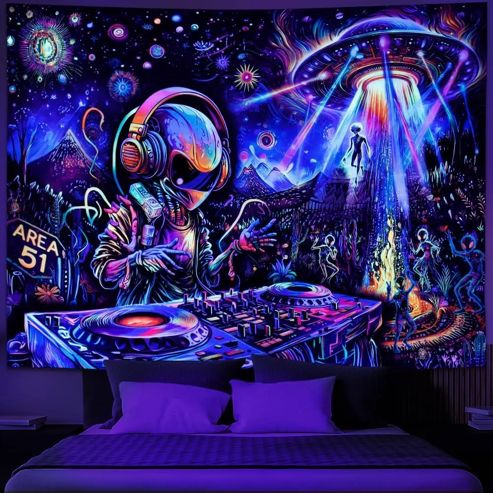 Tapestry Decor Galoker Blacklight Alien UFO Tapestry Trippy Galaxy Planet Tapestry UV Reactive Funny DJ Music Wall Tapestries Plant Cactus Tapestries Wall Hanging for Home Decor summerwins