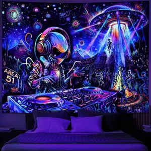 Tapestry Decor Galoker Blacklight Alien UFO Tapestry Trippy Galaxy Planet Tapestry UV Reactive Funny DJ Music Wall Tapestries Plant Cactus Tapestries Wall Hanging for Home Decor(51.2"x59.1")
