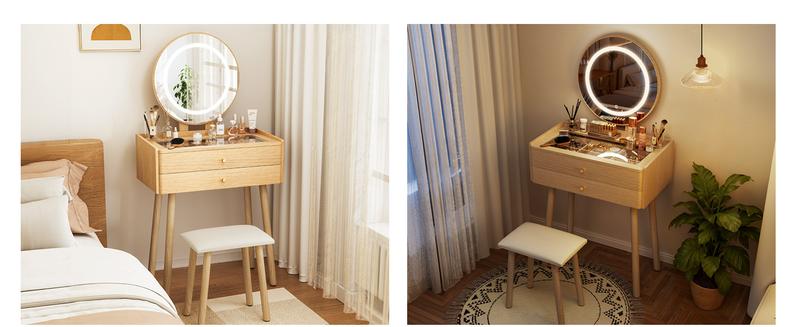 Small Wood Vanity Desk with Mirror & Lights Space-Saving Makeup Table with Drawers Adjustable Brightness Elegant Functional Vanity for Narrow Spaces