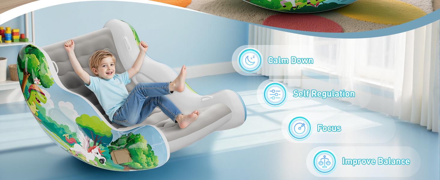 Crakrora Child-Sized Montessori Rocking Chair for 3-8 Year Old Boys, Inflatable Air Cloud Rocker Sofa with Storage, Sensory Room Supply for Autism ADHD, Premium Leak-Proof PVC, Portable Inflation, Self-Soothing Motor Skills Training Birthday Cool Gift,soh