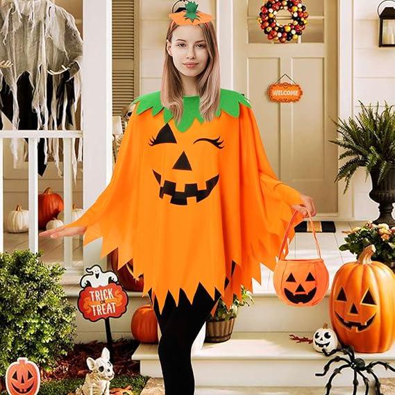 3 PCS Halloween Pumpkin Poncho for Women,Pumpkin Cape Costume with Headband and Candy Bag,Halloween Costume for Women