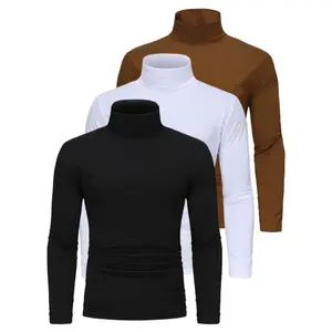 Long Sleeve Solid Color Stretch Knit 3-Pack Men's High Neck T-Shirts - Polyester Base Layer for Fall/Winter Warmth