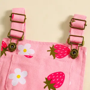 Little Girl Denim Overalls Flower/Strawberry Print Denim Overalls Bib Shorts Set bloomer outfits kid