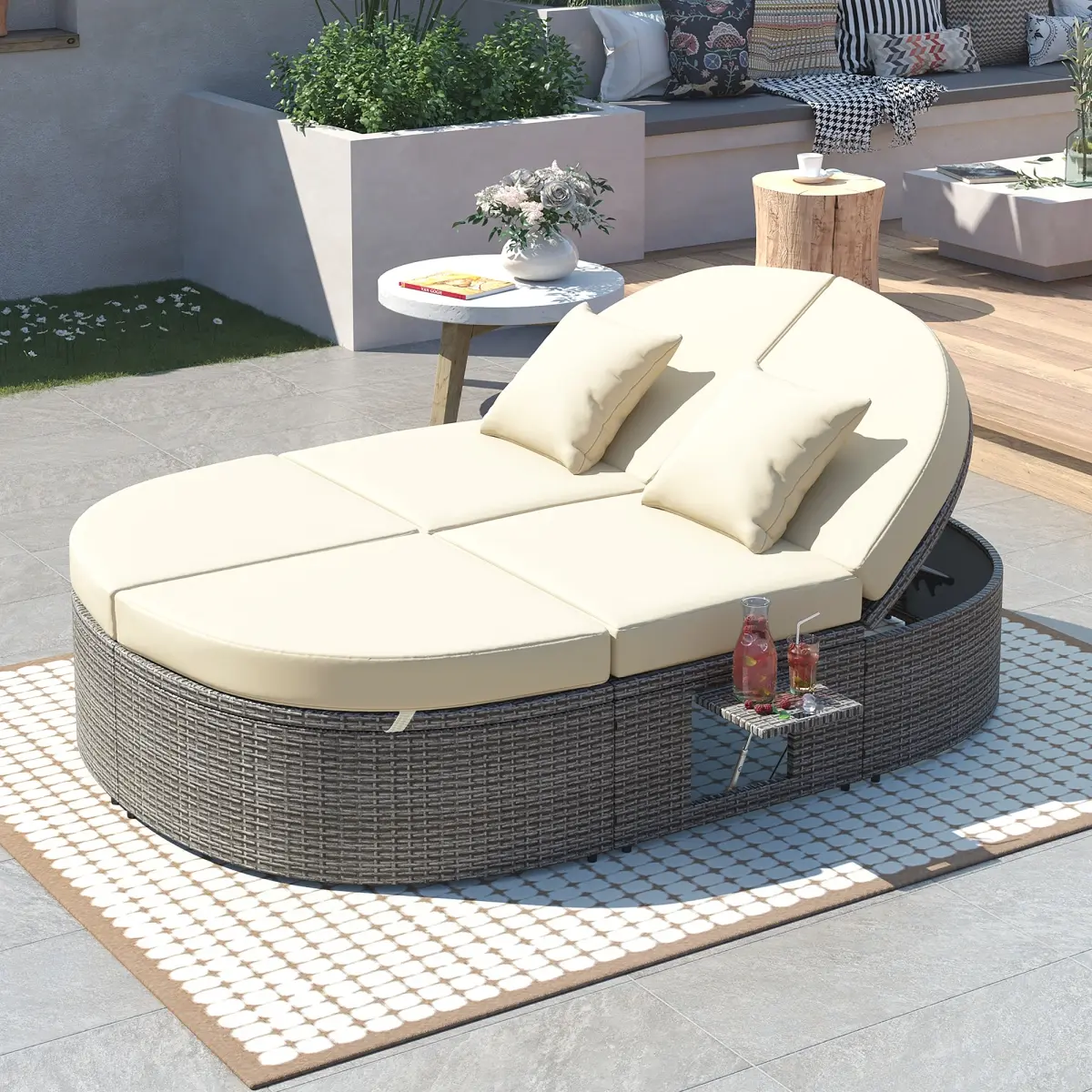 Direct Wicker UBS-SP100015AAA Rattan Weave Outdoor Daybed Set, 2-Person Patio Lounge Chair with Cushions, Pillows and Adjustable Backrests