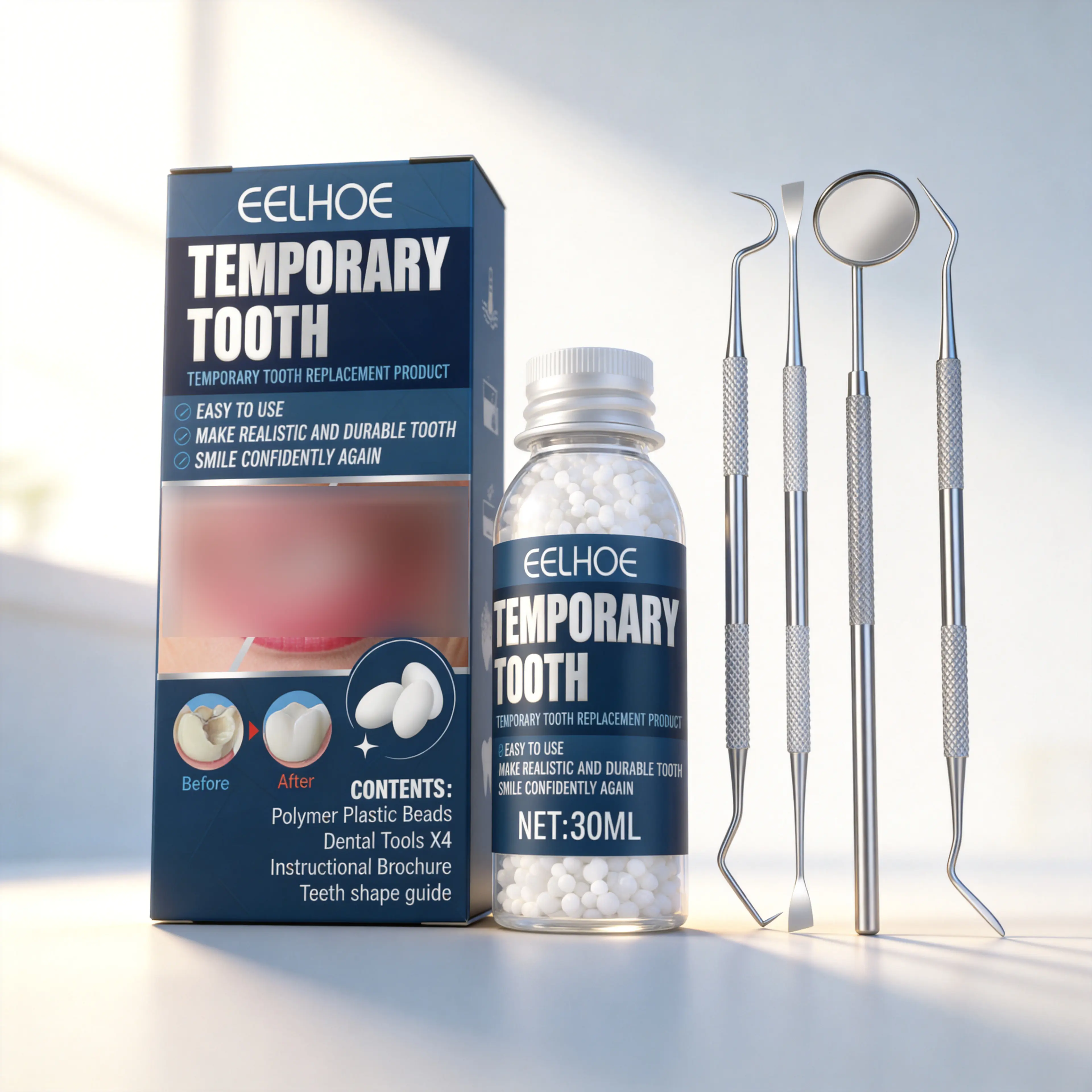 Oral Care Temporary Tooth Repair Kit with Acrylic Safe Resin, Self-Molding Dentures, and Shapeable False Teeth