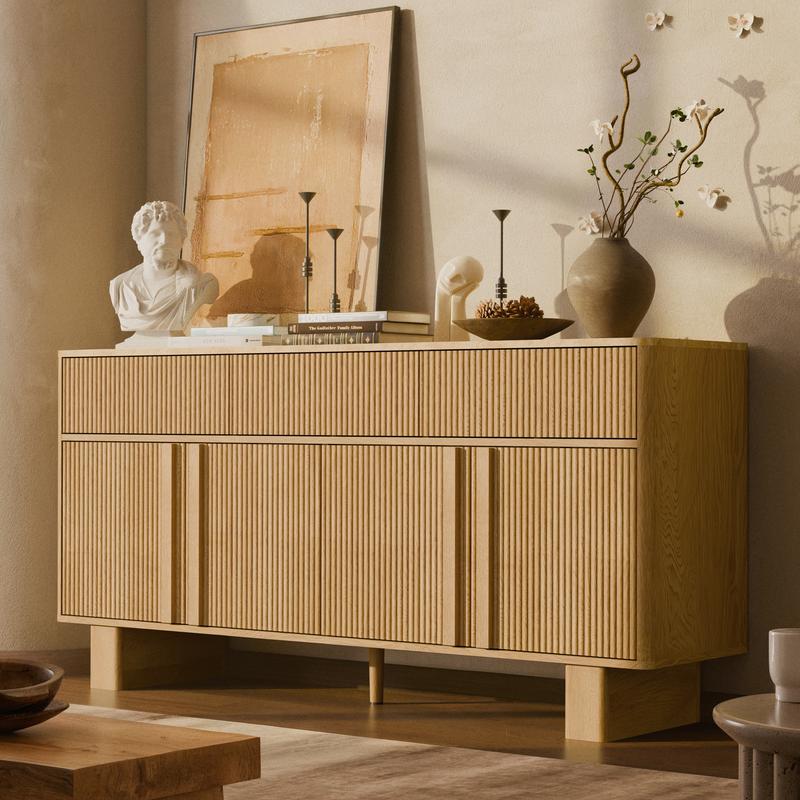 Modern Buffet Cabinet with Storage, 63" Wide Sideboard Cabinet with 3 Drawers and 4 Doors, Reinforced Wide Legs for Kitchen & Living Room, Natural Oak