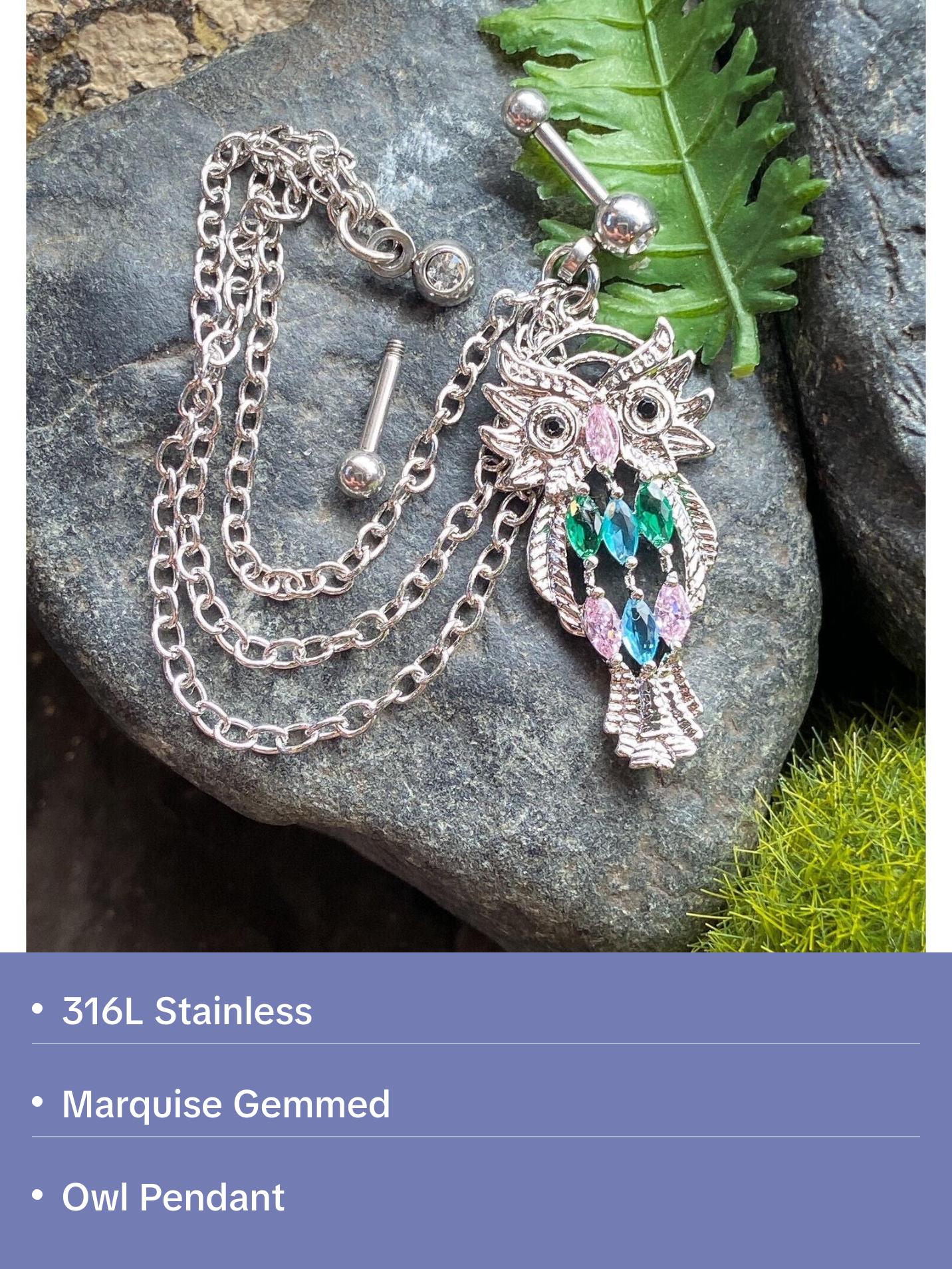 Steel Chain Linked Marquise Gemmed Owl Cartilage Tragus Helix Barbell Jewelry