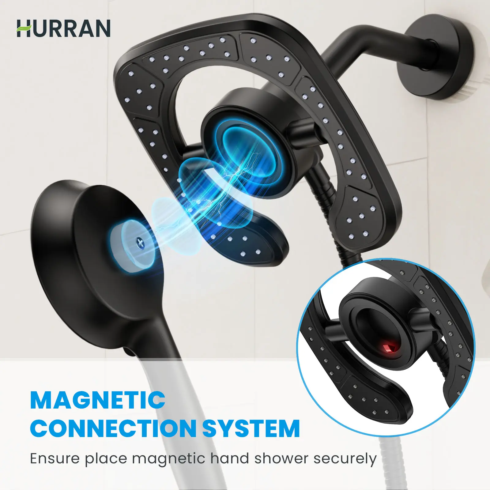 Hurran High Pressure 2-in-1 Round Rainfall & Handheld Shower Head - 7.2" Panel, 360° Adjustable Magnetic Dock Swap, 10 Spray Modes, 59-in Stainless Steel Hose, Tool-Free Easy Installation, Neutral Bathroom Fixture