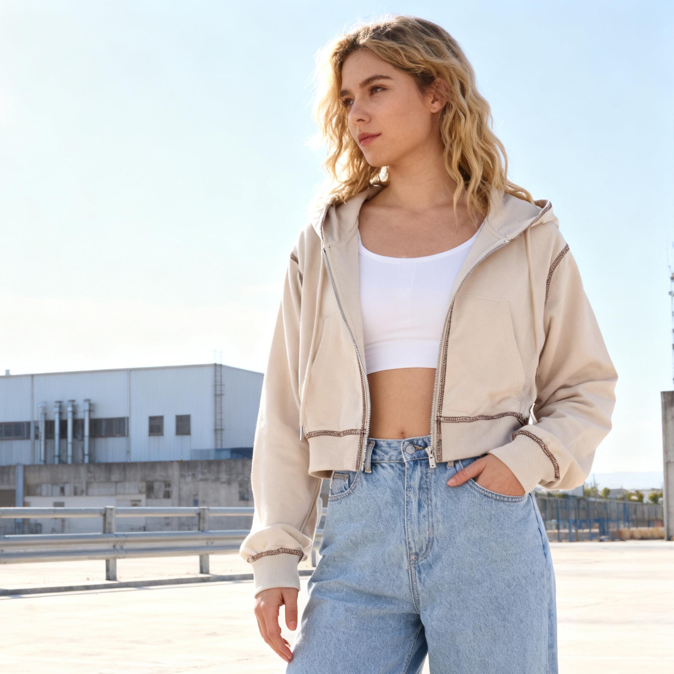 Buenoble Women’s Cropped Zip Up Hoodie Long Sleeve Sweatshirt with Contrast Stitch Casual Loose Fit Jacket