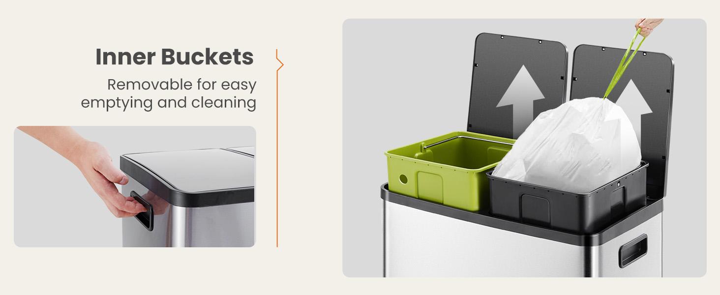 HomeSquad Kitchen Trash Can with Lid, 2 x 8 Gallon Garbage Can, with Soft-Close Foot Pedal and Removable Inner Bucket, 60 Liter Large Stainless Waste Bin for Bathroom Bedroom Home Office