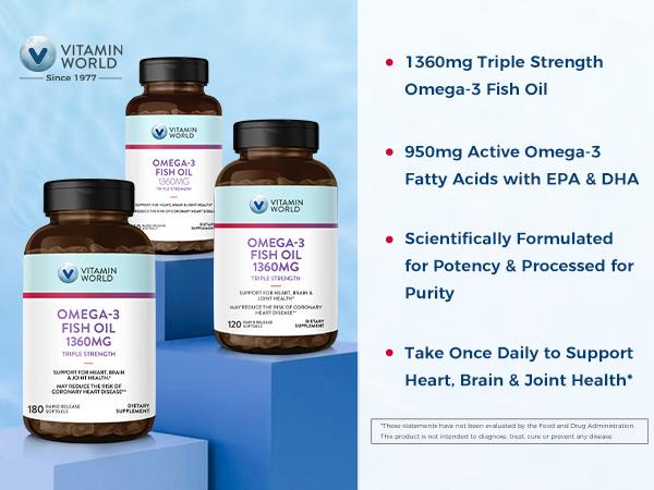 Vitamin World Triple Strength Omega-3 Fish Oil 1360mg, Fish Oil Supplements from Deep Water Fish with Fatty Acid DHA & EPA 60&120 Softgels Vitamin World Triple Strength Omega-3 Fish Oil 1360mg, Fish Oil Supplements from Deep Water Fish with Fatty Acid DHA & EPA 60&120 Softgels