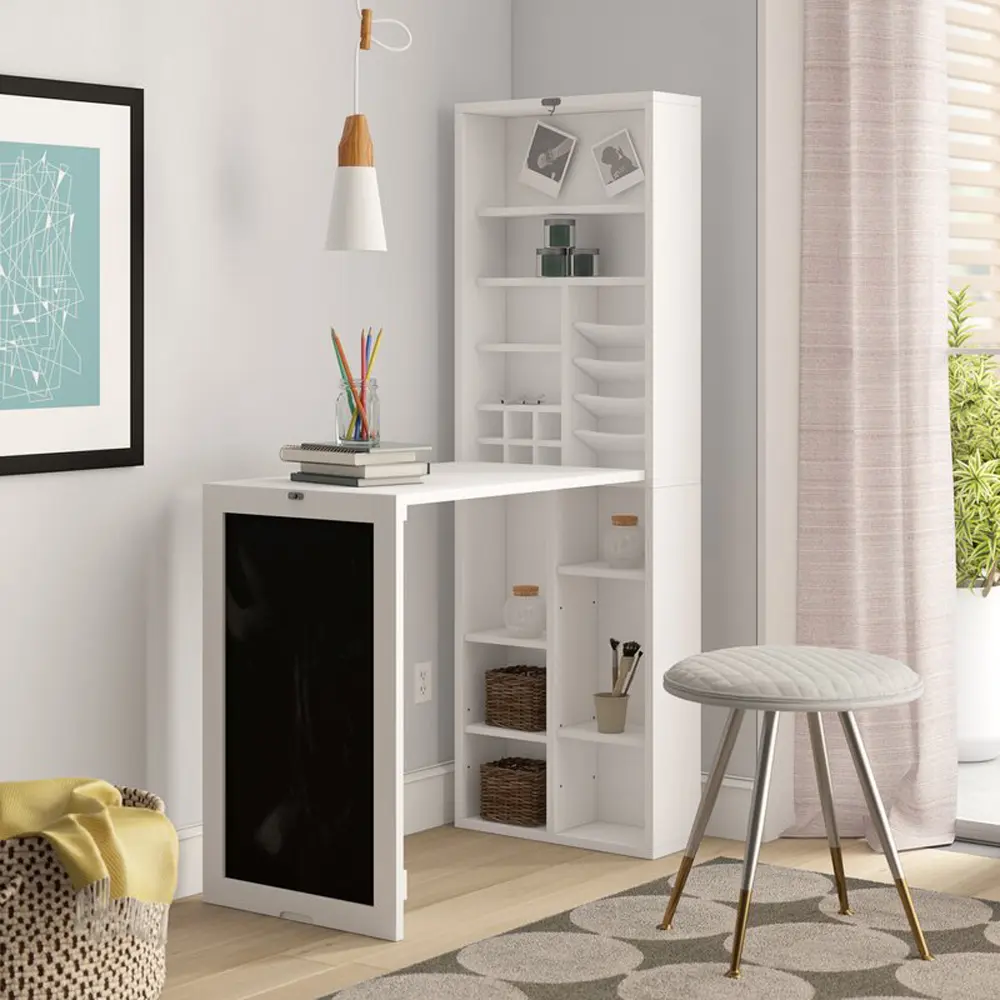 Utopia Alley SH3WW Collapsible Fold Down Desk Table with Storage Cabinet & Bottom Shelves - Convertible Foldable Desk Furniture with Chalkboard Wall - Computer Desk With Storage for Small Spaces - White
