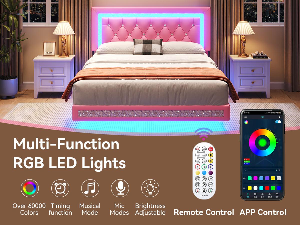 TryLazy Modern Floating Bed Frame with LED Lights, Upholstered Platform Bed Diamond Tufted Headboard, No Box Spring Needed, Noise Free, Easy Assembly