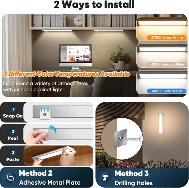 Under Cabinet Lighting 2/4 Pack, 50 LED USB Rechargeable Closet Lights of 11.81in, 2200mAh Battery Operated Motion Sensor Light Indoor, 50-150LM, 3 Color Temps Dimmable for Kitchen Stairs Wardrobe