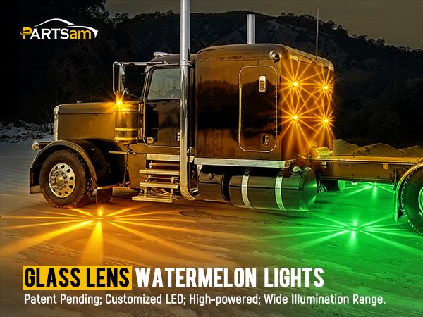 Partsam 2Pcs Dual Color Amber/Green LED Glass Lens Watermelon Lights, Turn Signal Marker Lights with Stainless Steel Bezel Compatible with Kenworth Peterbilt Freightliner
