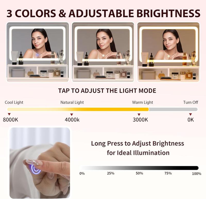 Modern LED Vanity Table, Makeup Desk with HD Large Mirror&Lights 3 Color Modes,Drawers&Shelves, for Girls Bedroom,Perfect Gift for Her – bedroom essential