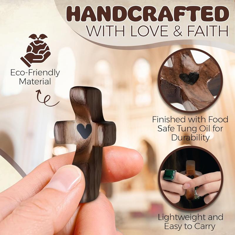 Handmade (3/6/10/20) Pcs Pocket Wooden Cross Fidget | Wooden Cross My Heart - Religious Ornaments Gift for Children and Adults, Rustic Style Decor Pocket Olive Wood Cross Set for Christian Faith, Baptism, Prayer