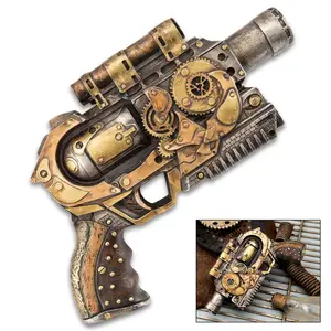 "Quantum Cannon Steampunk Display Revolver - Polyresin Sculpture - Home / Office Decor, Mantle, Bookcase, Shelf, Man Cave, Bar, Desk - Pistol Revolver Handgun Neo Victorian Futuristic Sci Fi - 10 1/2"""