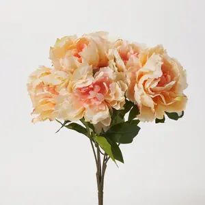 Coral Pink & Cream Silk Peony Blooms Faux Floral Bouquet - 18"
