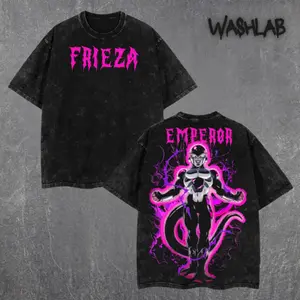 Retro Frieza Emperor Anime Washed T-Shirt – Dragon Ball Double Sided Print Oversized Acid-Washed Heavyweight Cotton T-Shirt – Unisex Anime Tee, Perfect Gift for Anime Fans and Lovers Menswear Tops