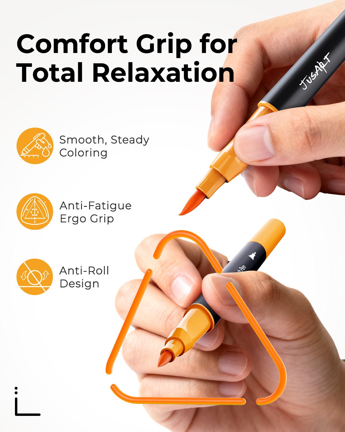 [JusArt] 100/80/60 Colors Coloring Markers with Dual Tips, Fine & Brush Pens with Ergonomic Triangle Grip & 33% More Ink, Water-Based Art Drawing Set for Adults, JusArt Markers for Adult Coloring Books No Bleeding