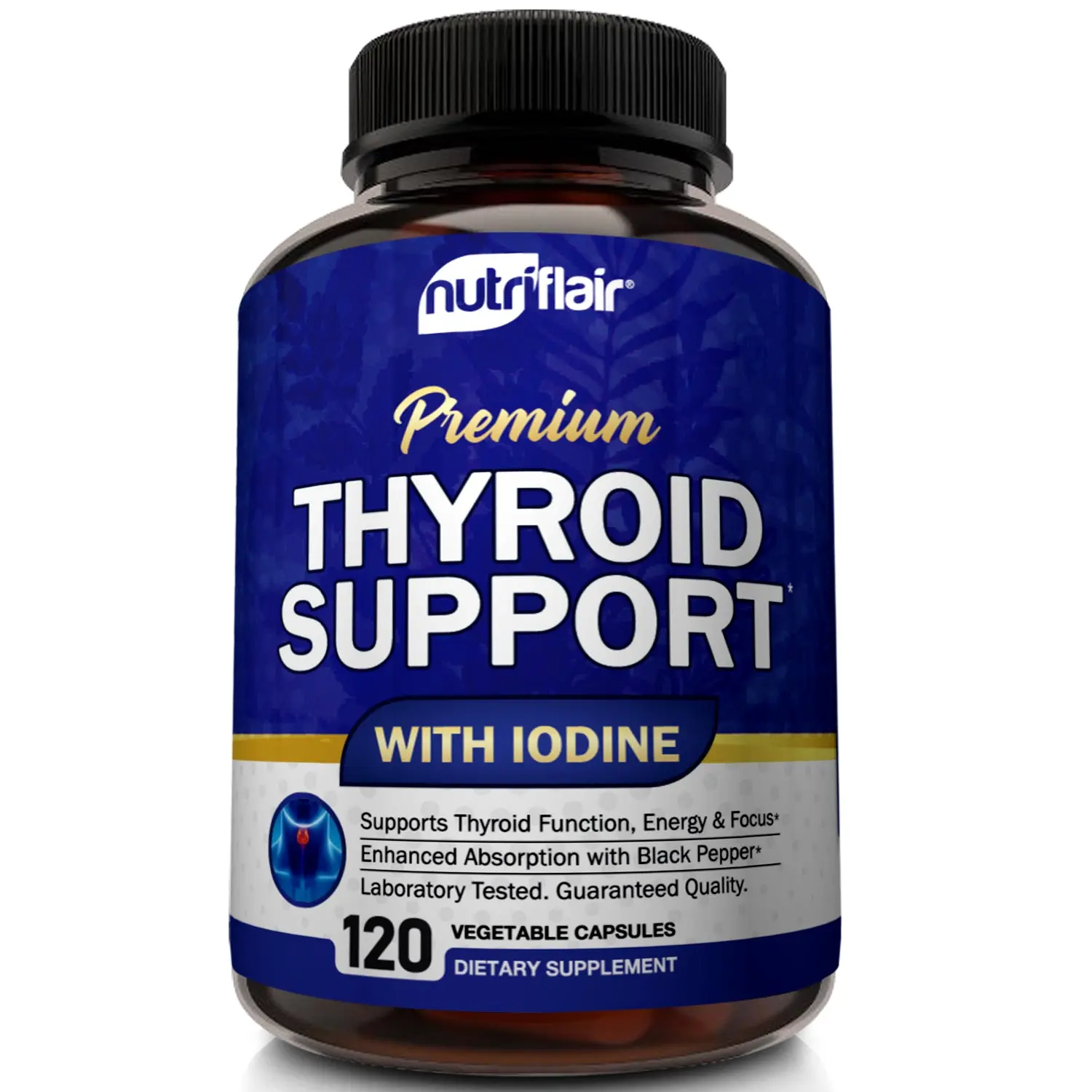 NutriFlair Thyroid Support Dietary Supplement with Iodine, BioPerine, Hormone Balance & Metabolism Support, Natural Dairy-Free, Vegan-Friendly - 120 Capsules