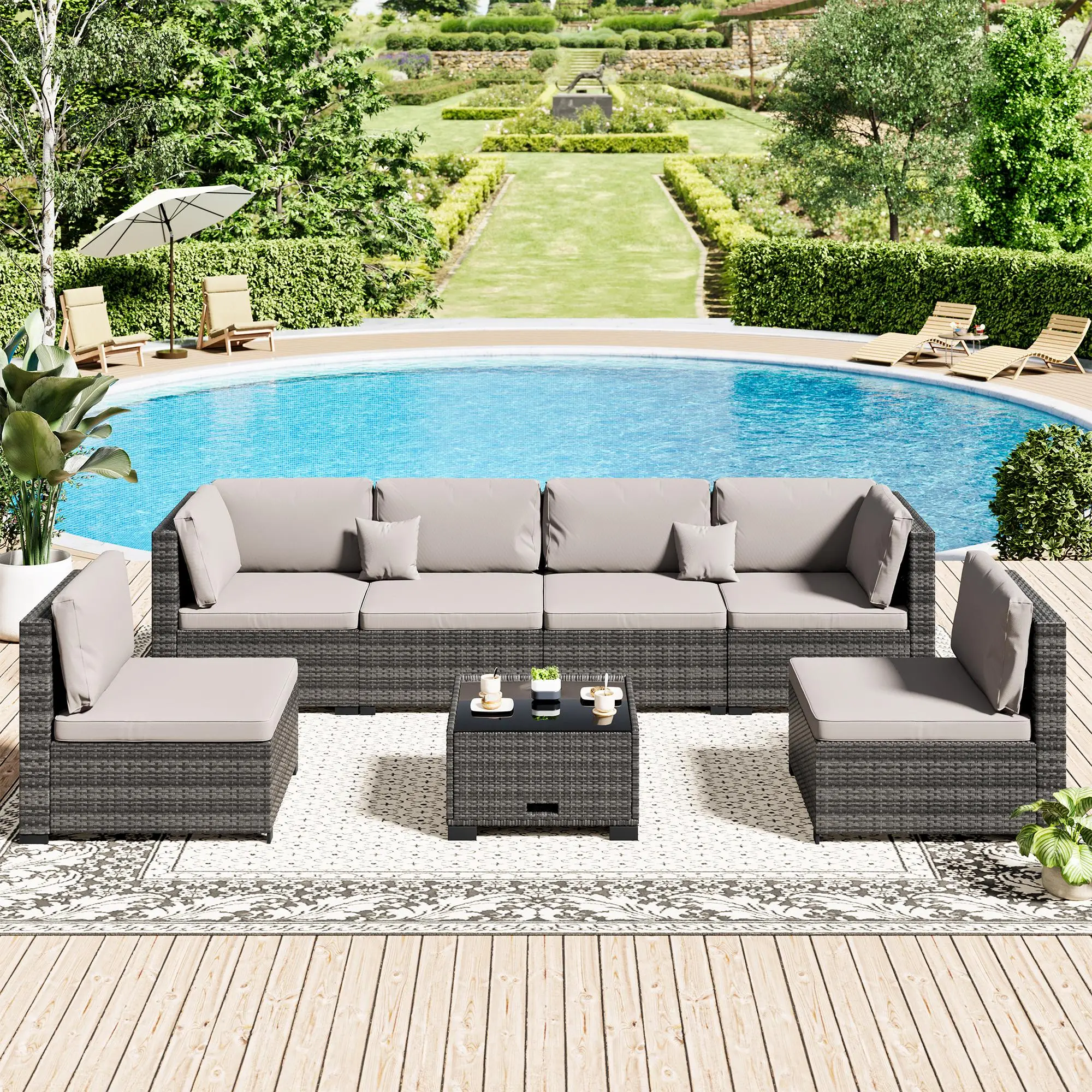RIWENGO 7/5 Piece Patio Furniture Set, Outdoor Furniture Patio Sectional Sofa, All Weather PE Rattan Outdoor Sectional with Cushion and Coffee Table.  Chair Lounge Summervibes