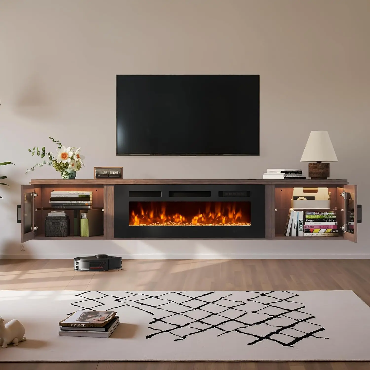 【2 Packages Shipping】 70" Floating TV Stand with 36" Fireplace, High Gloss Finish Wall-Mounted Entertainment Center for TVs Up to 80", Modern Media Console with Storage, Brown Tv Cabinet Table Tv Shelf