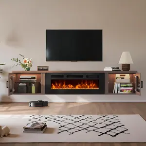 【2 Packages Shipping】 70" Floating TV Stand with 36" Fireplace, High Gloss Finish Wall-Mounted Entertainment Center for TVs Up to 80", Modern Media Console with Storage, Brown