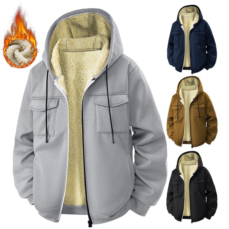 Men's Fleece Hooded Sweater with Warm Lining Multi-Pocket Zipper Closure for Autumn Winter Casual Wear