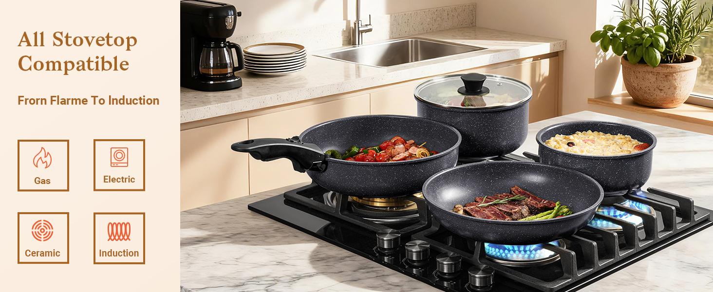 SODAY 12 Pcs Pots and Pans Set Non Stick, Kitchen Cookware Sets White Granite Nonstick Cooking Set with Frying Pans, Saucepans,Nonstick Pots with Glass Lid (NO PFOS, PFOA),Kitchenware,stock up on specials,Valentines Day gifts, gifts