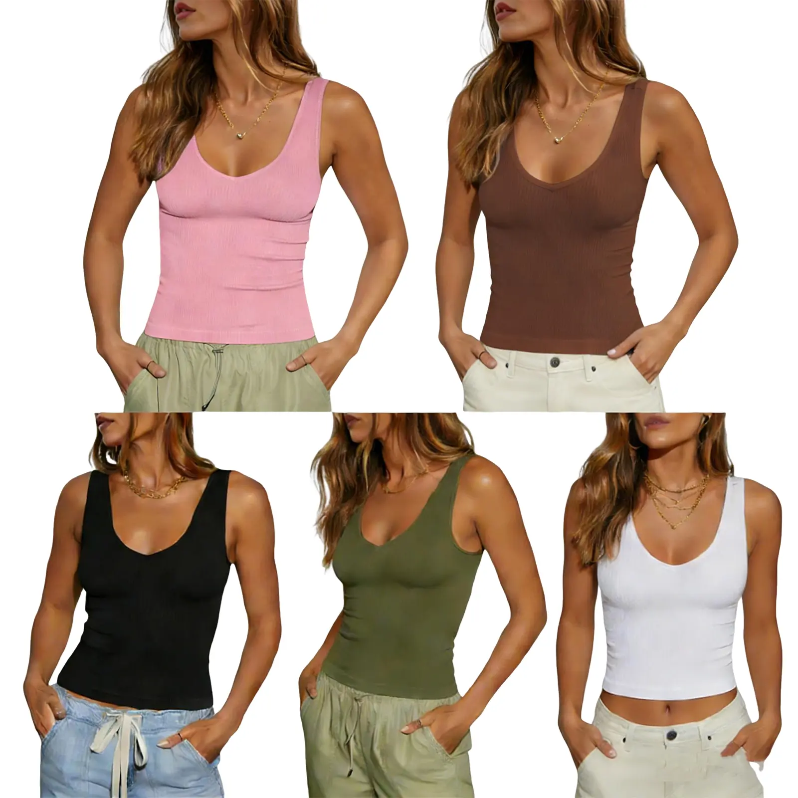 Fisoew Sports Womens Ribbed Tank Top Casual Basic 2026 Trendy Summer Sleeveless V Neck Knitted Y2K Crop Tops Womenswear Minimalist