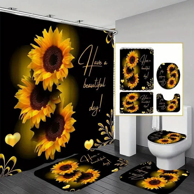 1/4pc sunflower pattern bathroom decor set, Bathroom accessories, Bathroom Decoration Accessories, including shower curtain, toilet U-shaped mat, bathroom floor mat, toilet seat cover, bathroom decoration, includes 12 shower curtain hooks
