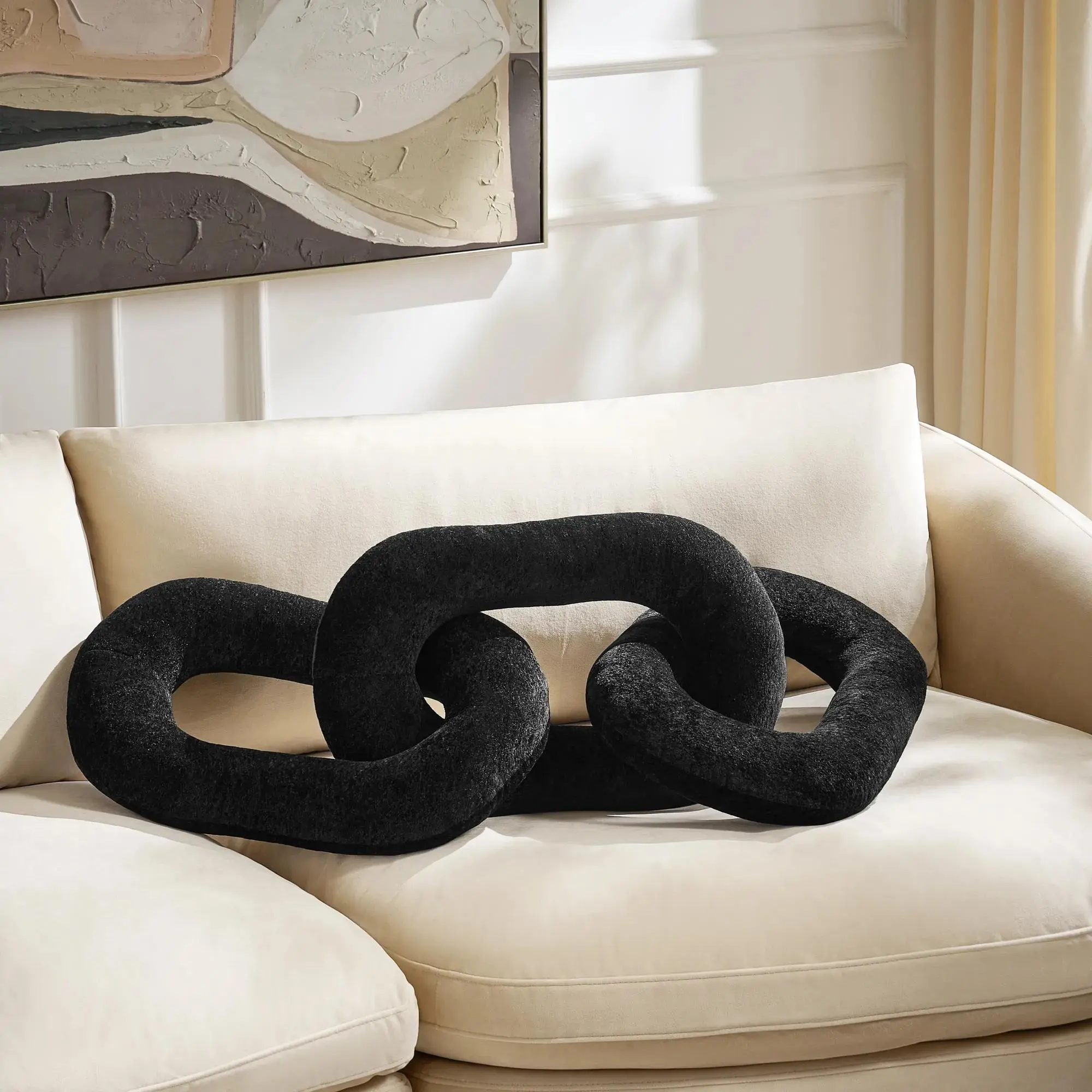 Z Gallerie 46in Black-Taupe Oversized Velvet Chain Link Pillow - Plush Fill, Deco-Inspired Modern Glamour Living Room Accent Pillow