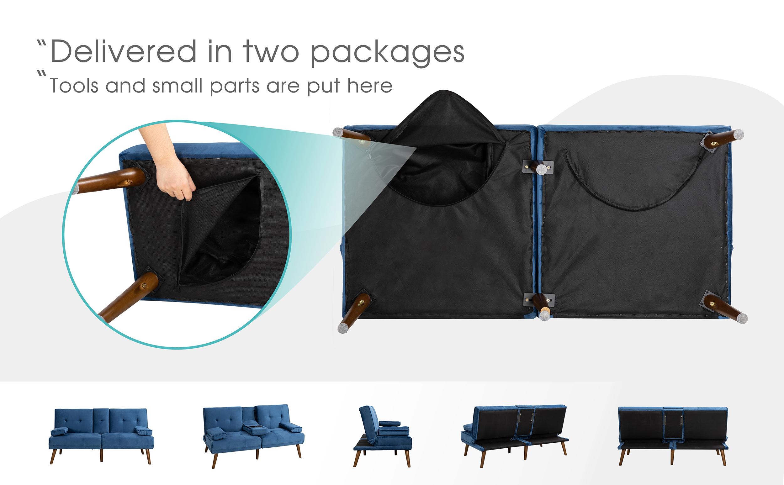 Walusunny 60” Convertible Sofa Bed Adjustable Fabric Couch Sleeper,  Recliner Reversible Loveseat Folding Daybed Guest Bed, Removable Armrests, Blue