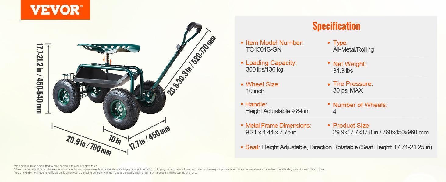 VEVOR Garden Cart Rolling Workseat with Wheels, TikTokShopBlackFriday, Gardening Stool for Planting, 360 Degree Swivel Seat, Wagon Scooter with Steering Handle & Utility Tool Tray, Use for Patio, Yard, and Outdoors