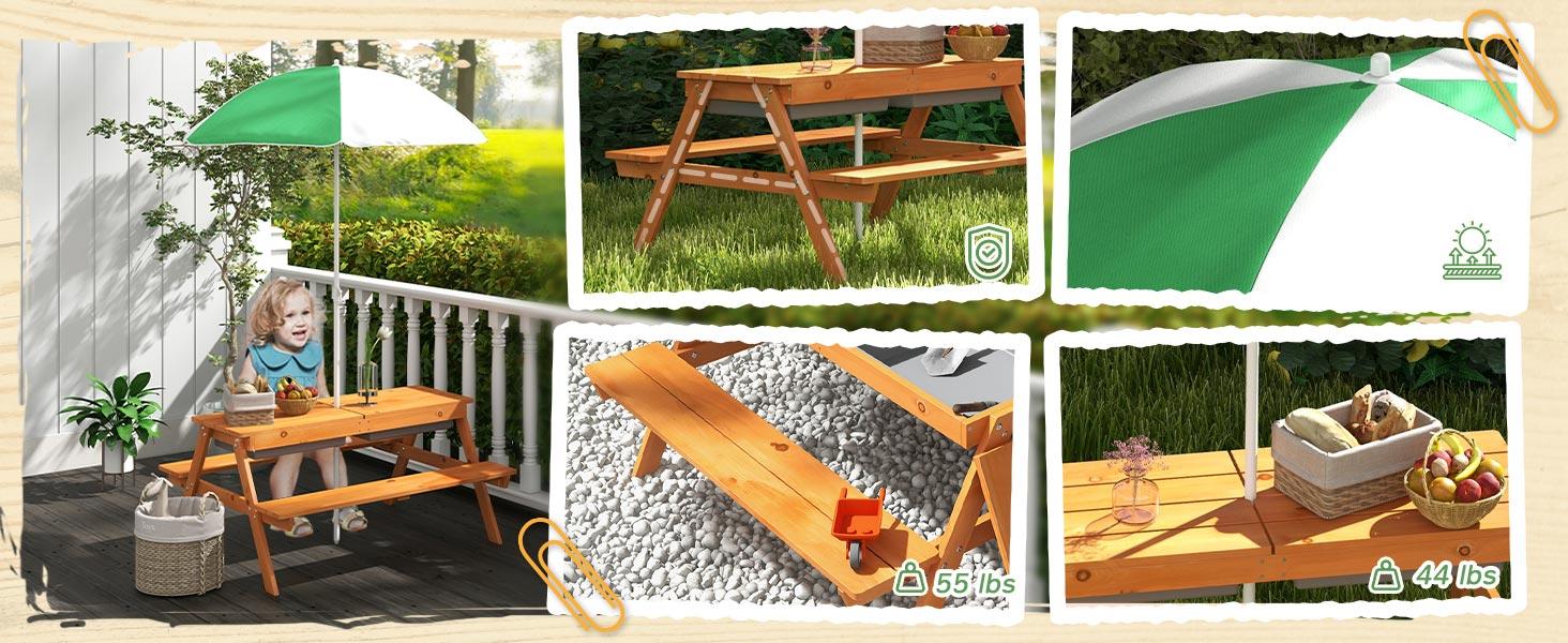 Qaba Kids Picnic Table, Wooden Outdoor Table & Bench Set with Removable Umbrella, Children Sand and Water Activity Table for Patio, Backyard, Gift for Boys Girls, Mixed Color