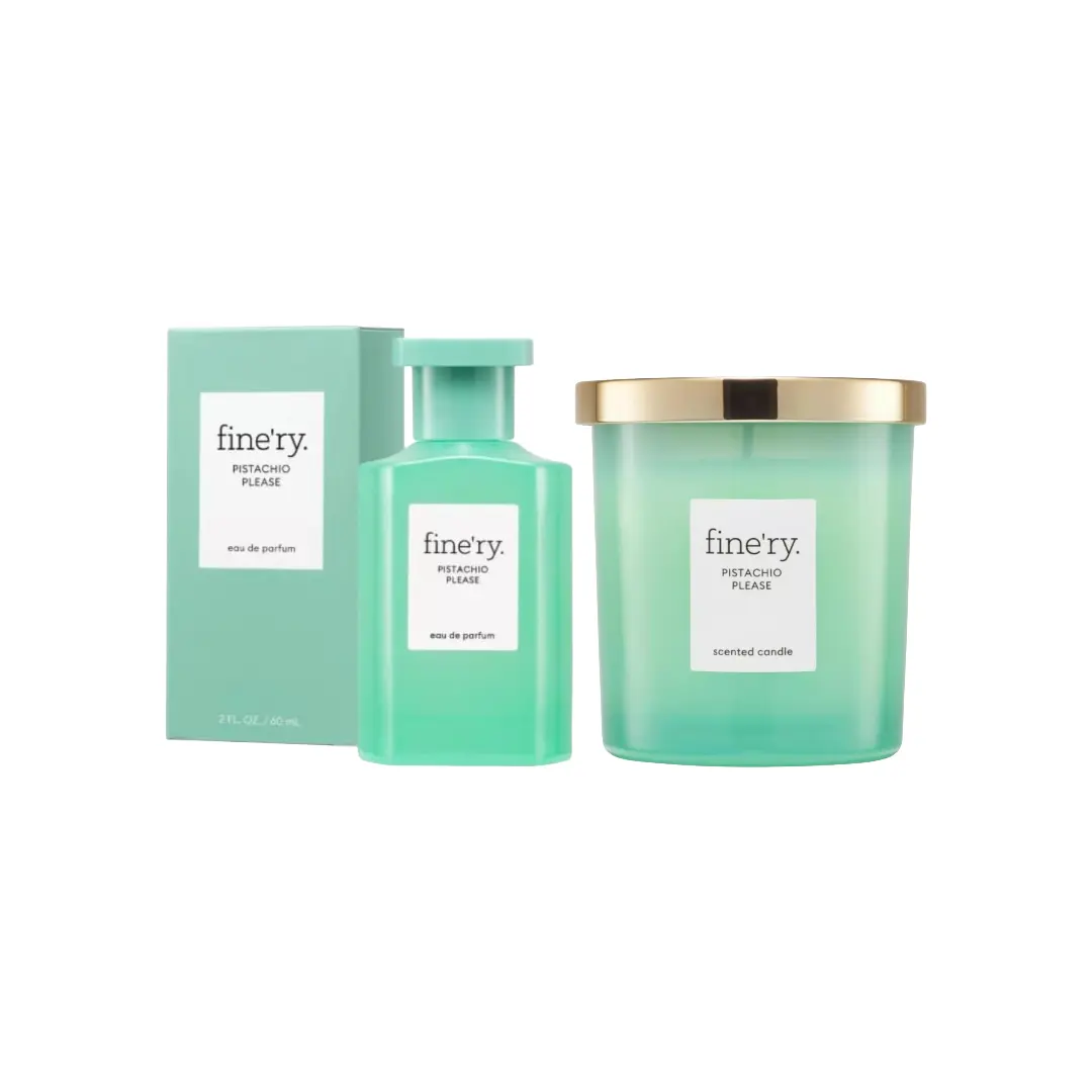 fine'ry Pistachio Bean Scent Bundle - 7oz Fluffy Scented Wax Candle, 60ml EDP Perfume with Pistachio Milk & Vanilla Scents, Aroma Home Decoration Item