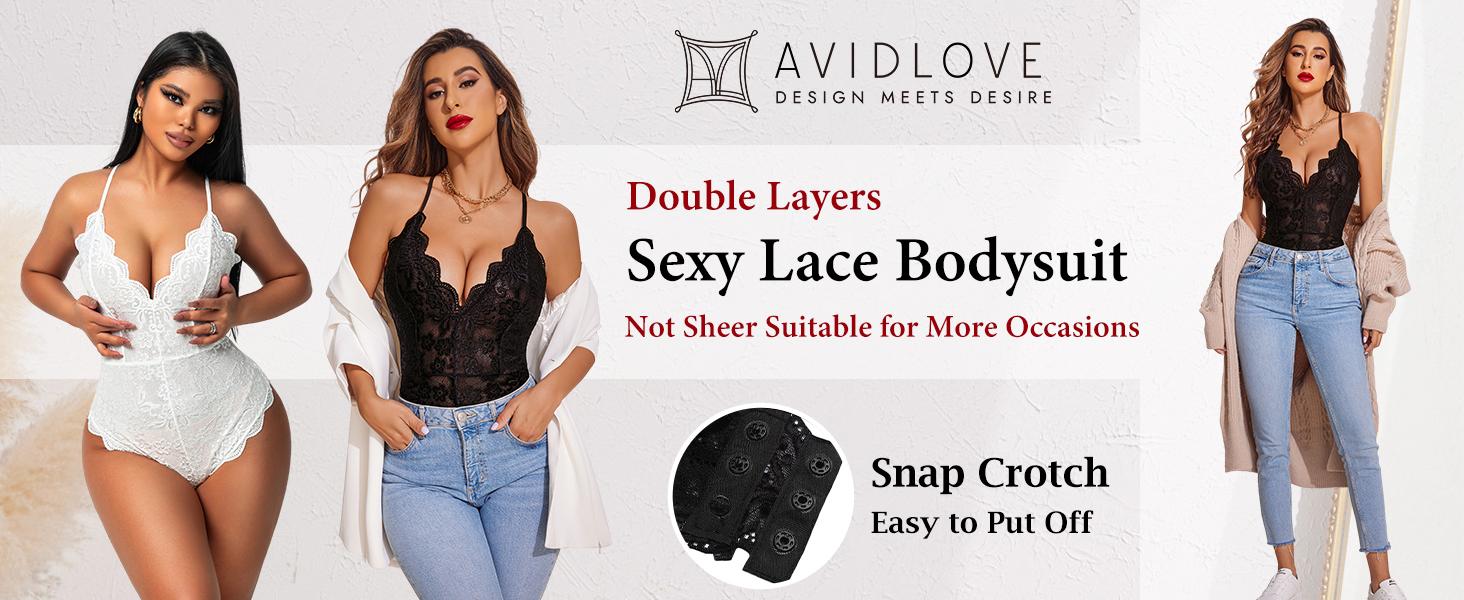 Avidlove Women One Piece Lingerie Deep V  Lace Bodysuit Snap Crotch
