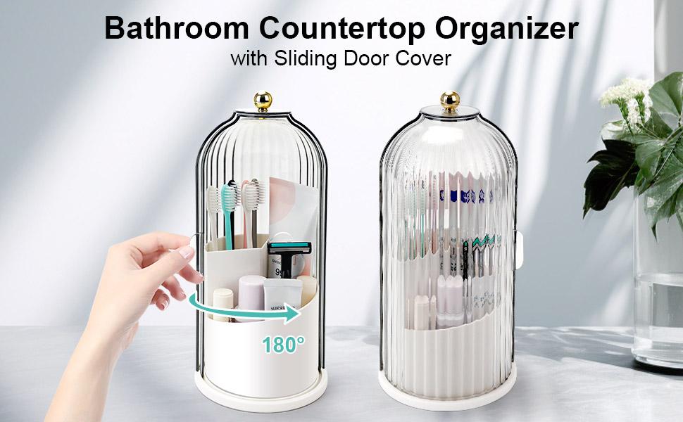 Dustproof Toothbrush Holder with Clear Sliding Door Lid, Rotating Electric Toothbrush and Toothpaste Holder for Bathroom Countertop, 3 Slots Transparent Make up Brushes Organizer for Vanity, Toothbrush Marker Pen Brushes Storage Basket, Beauty Essentials