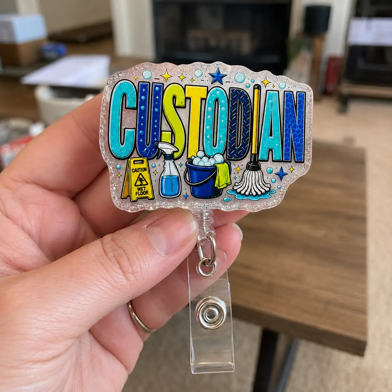 Retractable Custodian ID Badge Reels - Cute Acrylic Badge Holder with Swivel Clip, Glitter Border, Glossy Seal, 2/3/4 in. High Detail, ID Access for School Staff Appreciation Gifts, Plastic Id Badge Holder, Staff Gifts