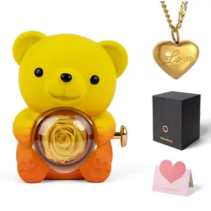 Mother’s Day Gift Real Rose Bear with Gold Heart Necklace, Meaningful Jewelry Gift for Mom or Daughter, Romantic Gift Box, Symbol of Love, Ready to Give
