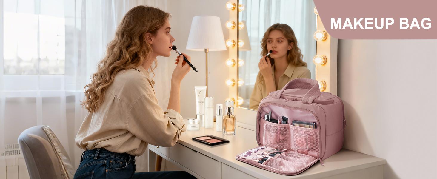 Bagstellar Wide-open Travel Bag, Lightweight Puffy Toiletry Bag for Women, Quilted Makeup Bag Organizer Water-resistant Cosmetic Bag with Handle for Toiletries, Essentials, Accessories