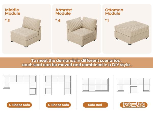 【8 Packages Shipping】Ovios 130.7" Modular Sectional Sofa Couch, U-Shaped Minimalist Couches with Sofa Bed Chaise, L-Shaped Modern Deep Seat Cloud Plush Corduroy Sofas with Ottoman Set for Living Room, 8 Seater