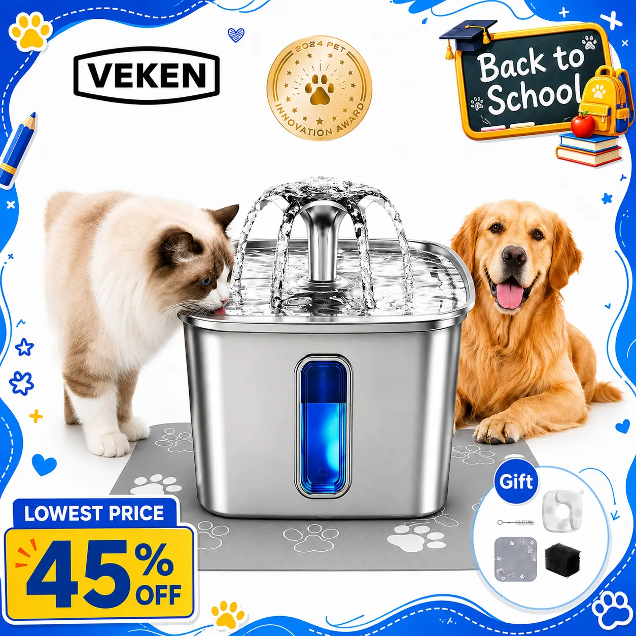 【Veken】Innovation Award Winner Cat Water Fountain, 108oz/3.2L&95oz/2.8L Automatic Pet Fountain Dog Water Dispenser with Replacement Filters & Silicone Mat for Cats, Dogs, Multiple Pets，Petlovers